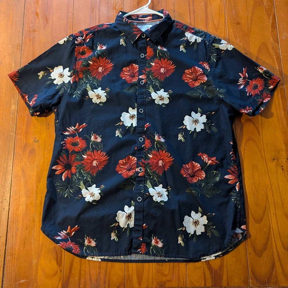 Denim & Flower Men’s Blue Floral Short-Sleeve Button-Up Shirt – Size XL